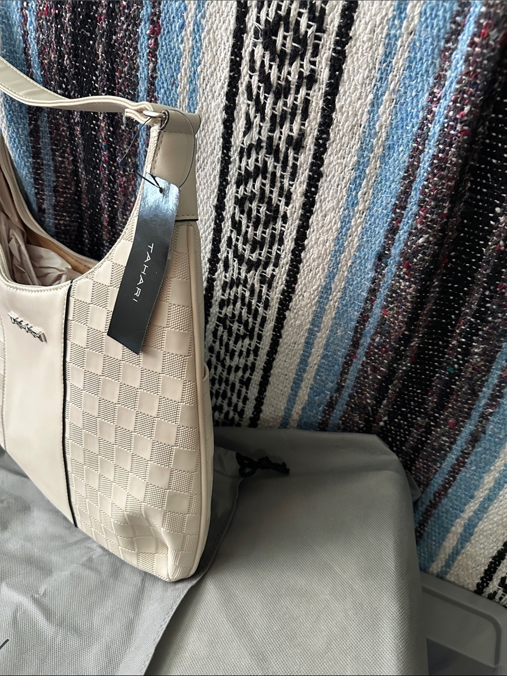 Tahari Cream Checker-Panel Shoulder Bag View 4